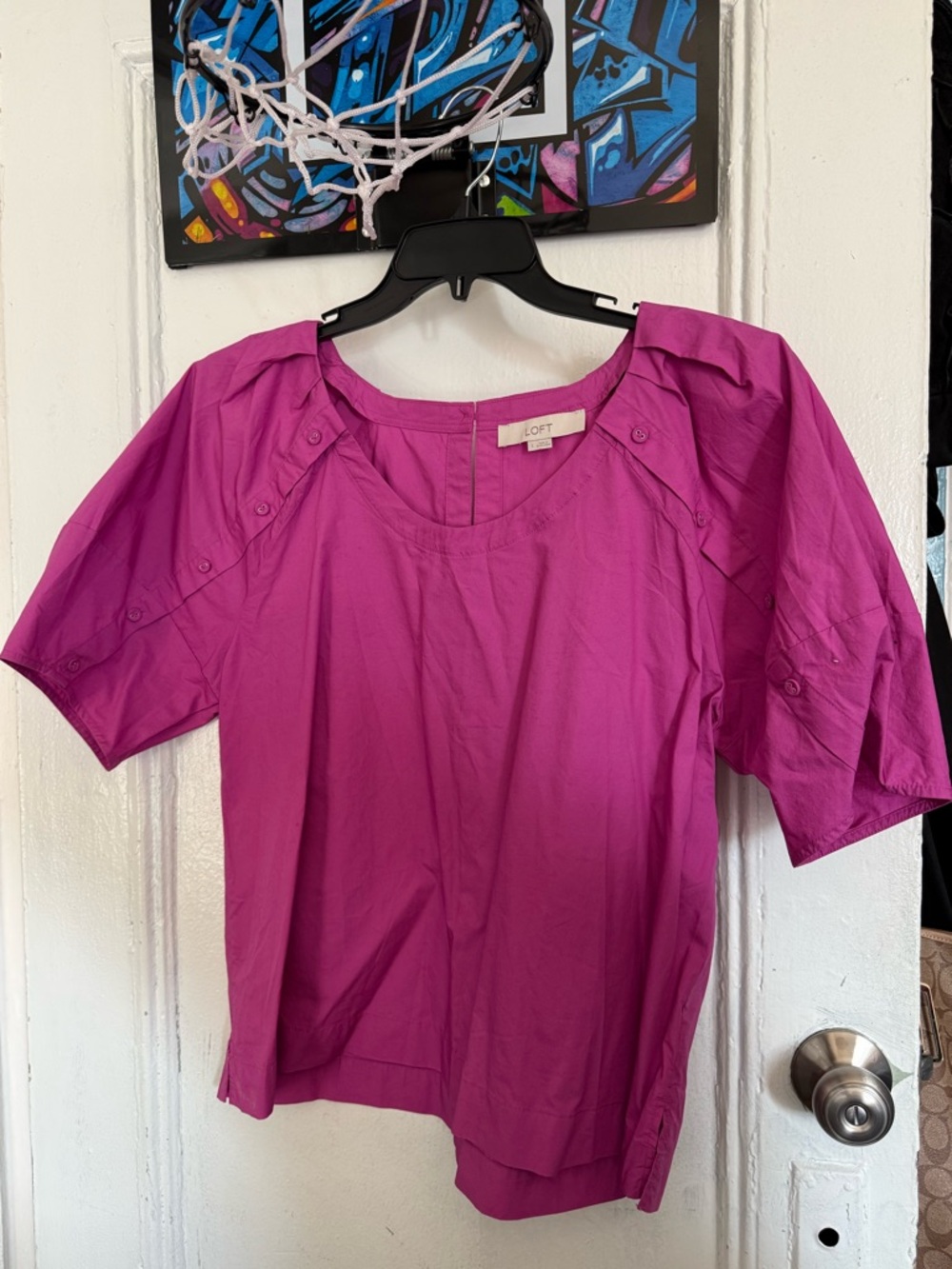 LOFT Women's Bright Magenta Short-Sleeve Button-Accent Blouse L